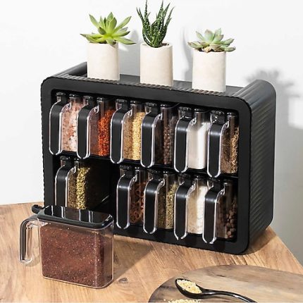 Kalite Home Modern Standlı 12’li Kaşıklı Baharatlık Takımı - Siyah Antrasit